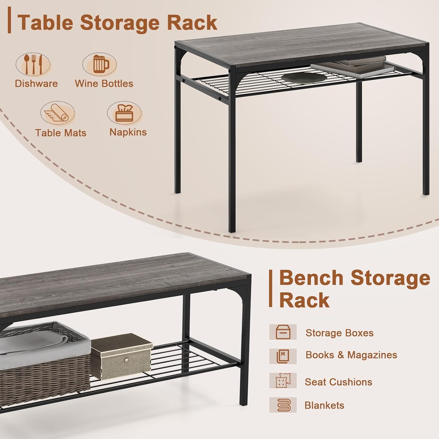 GOFLAME 4-Piece Dining Table Set for 4, Industrial Kitchen Table with 2 Chairs and Bench, Space-Saving Dinette Set with Metal Frame and Storage Rack for Small Space, Dining Room, Grey Oak