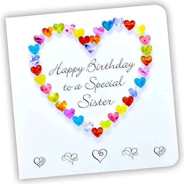 Birthday Card for a Special Sister - Rainbow Colourful Love Hearts Cards - Keepsake Gift for Sis