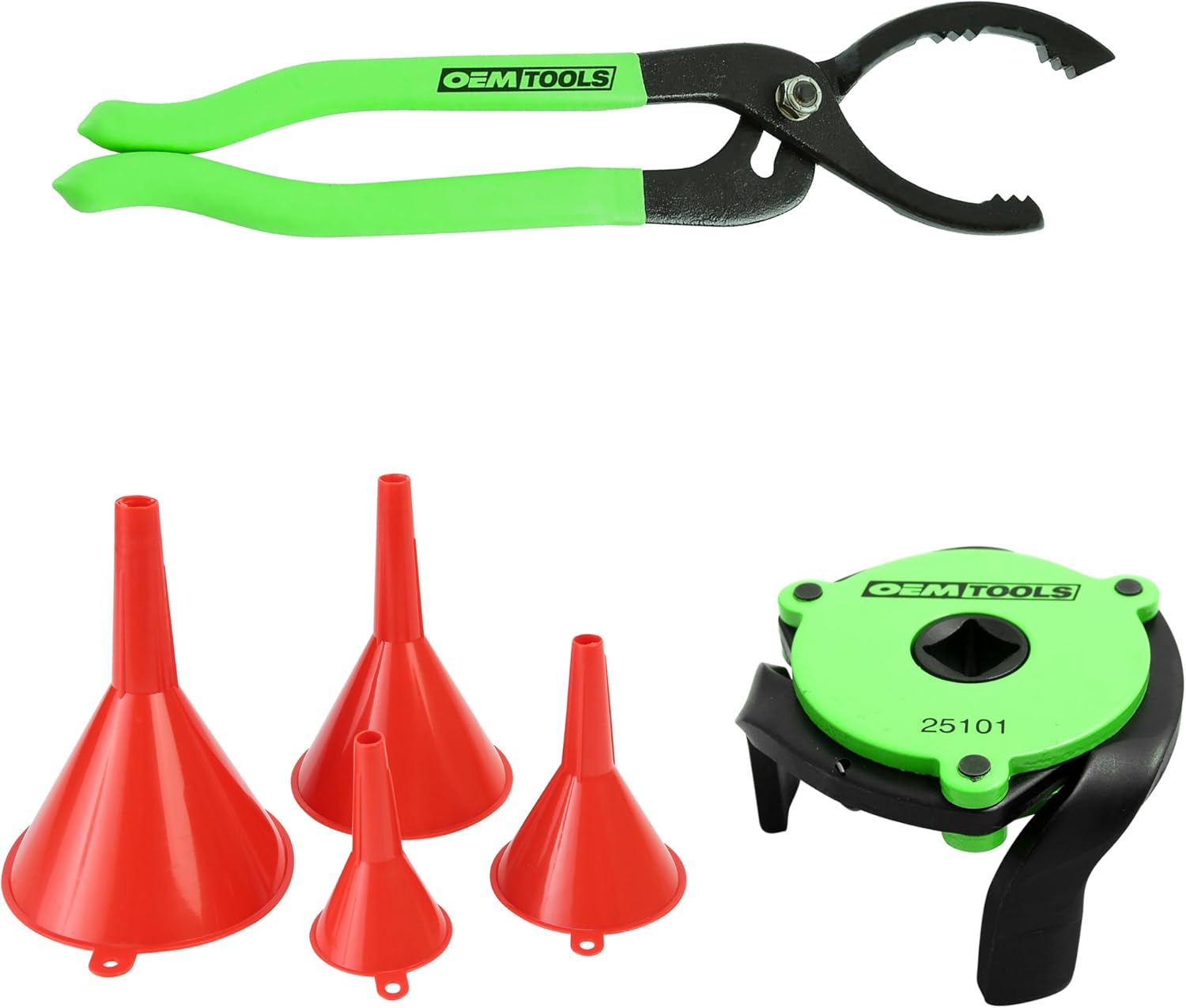OEMTOOLS Oil Filter Wrench Pliers 2-1/2" to 4-5/8", 3 Leg Oil Filter Claw 2.4"-3.6" Filters, 4-Pc Oil Funnel Set, Oil Funnels for Automotive Use, Gasoline, Coolant, Transmission Fluid