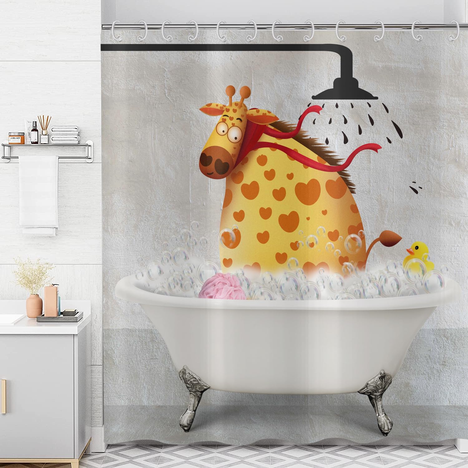 Divertente tenda da doccia 180 x 200 cm, sfondo vintage divertente giraffa anatra da bagno bagno per bambini tende da doccia lavabili in tessuto per tenda doccia impermeabile con 12 ganci