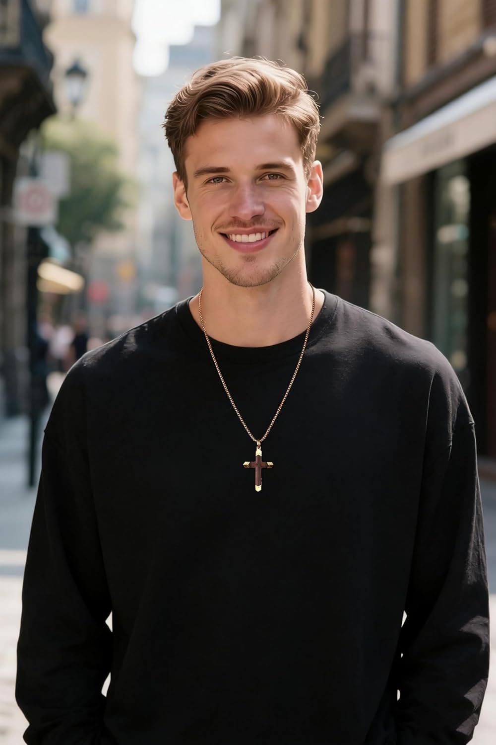 Cross Necklace for Men -Stainless Steel & Wood Adjustable Box Chain 24-26in, Spiritual Jewelry Gift for Him, Everyday Wear