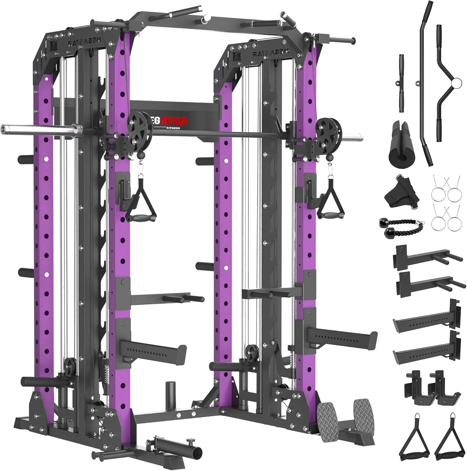 Smith Machine, 2600LBS Squat Rack, 7-in-1 Home Gym Cage with Adjustable Safety Bars, Pull-Up & LAT Pulldown