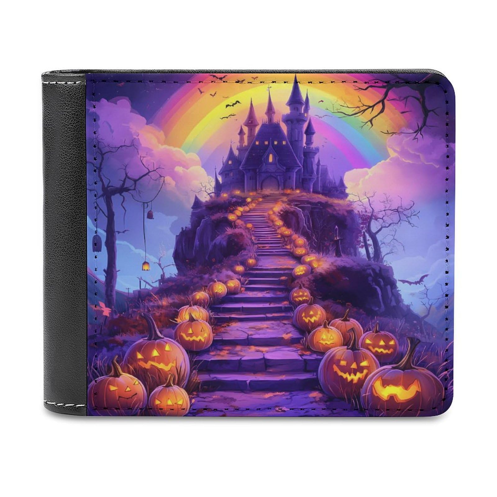 Halloween Pumpkins Haunted House Rainbows Bifold Wallet PU Leather Slim Purse Pocket Wallet with Card Holder for Women Men