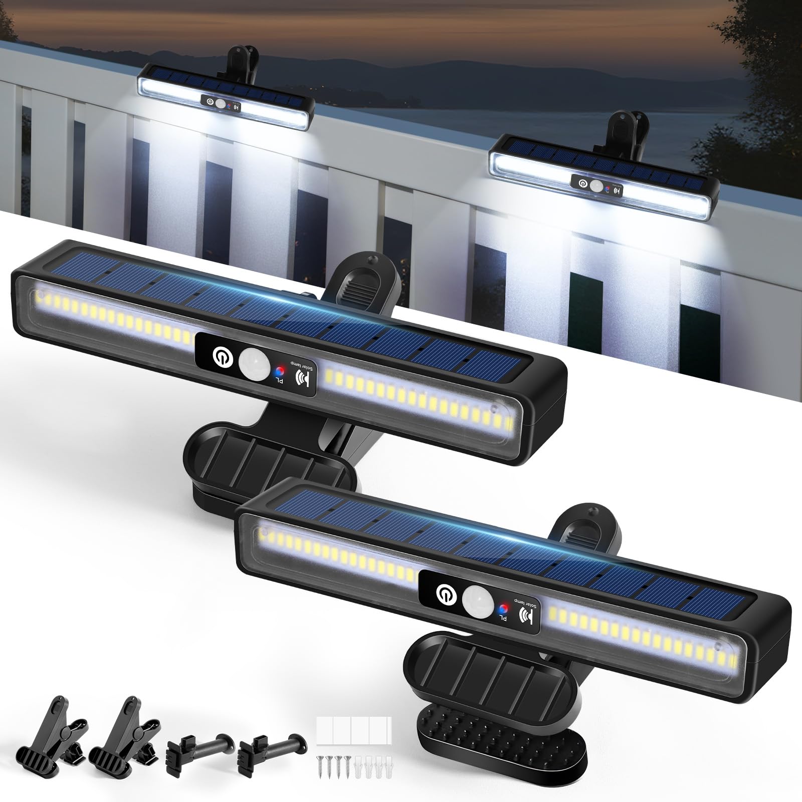 JORETLE 2 Pack Clip on Solar Lights Outdoor Garden with Motion Sensor, 3 Lighting Modes 36 LEDs Solar Street Lamp, Cool White Multiple Installation Security Light for Gardens, Courtyards, Fences