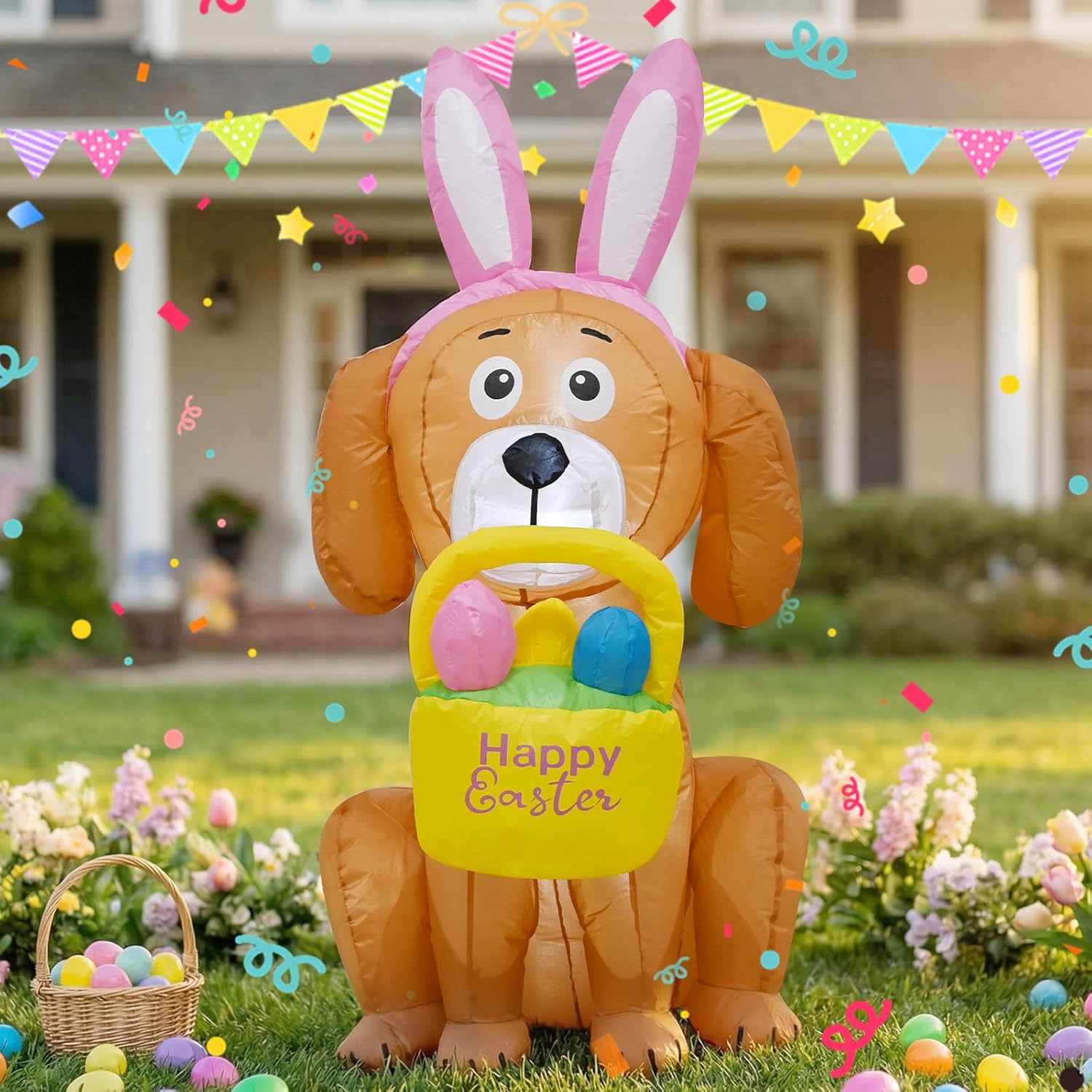 4 FT Easter Inflatables Dog Outdoor Decorations Build-in LED Lights,Cute Dog with Easter Egg Blow Up Indoor Outdoor Decor, Spring Summer Outdoor Decor,Holiday Addition for Party,Yard,Garden, Lawn