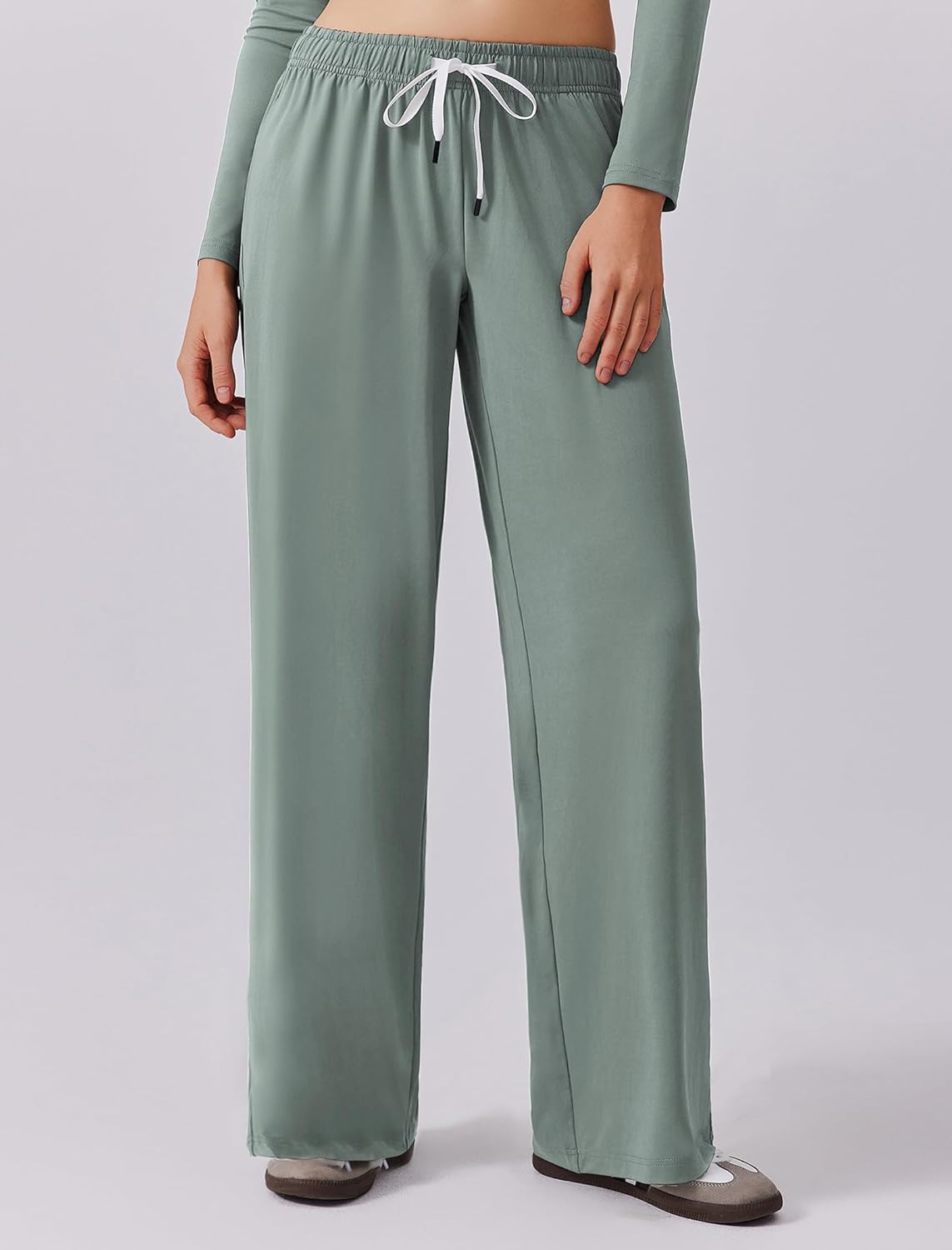 PINSPARK Womens Lounge Sets 2 Piece Outfits Cropped Top Wide Leg Pants Comfy Workout Track Suits Airport Outfit with Pockets 2024, Grey Sage XS - Image 3