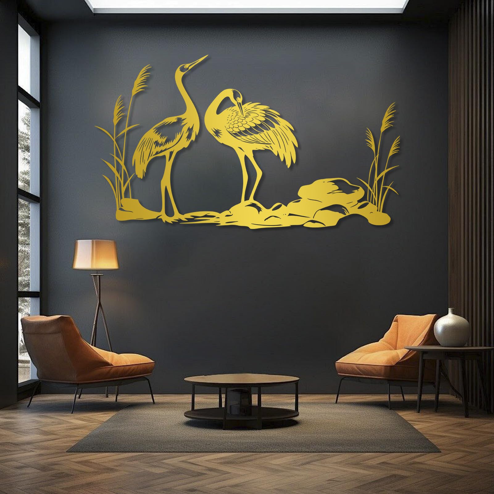 Großes abstraktes Wandbild aus Metall, Kranichmotiv, japanische Kranichdekoration, Wildtiermotiv für Wohnzimmer, Schlafzimmer (Gold, 150 x 86 cm)