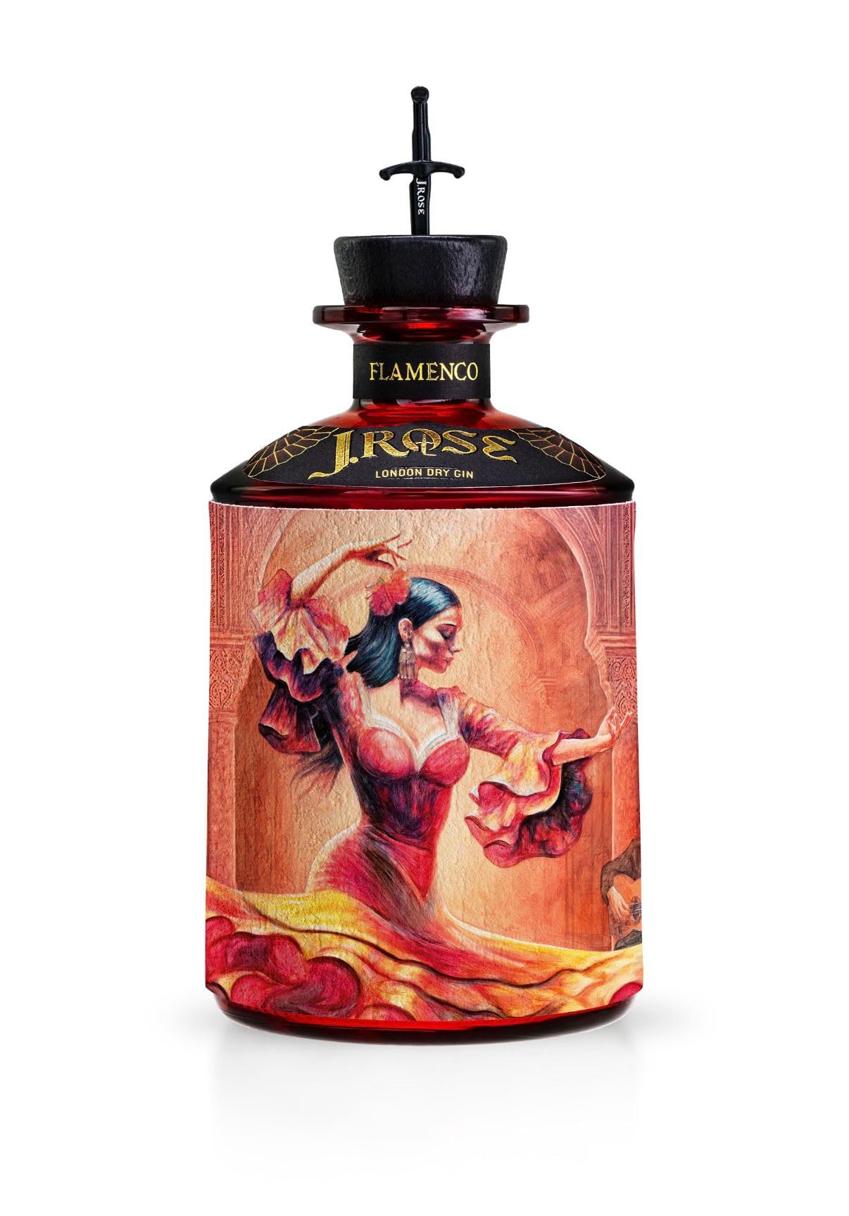 J.Rose Flamenco London Dry Gin 70 cl | Ginebra Premium Artesanal Italiana | 9 Botánicos | Edición Especial | 43% Vol | Diseño Francesco Palma | Ideal para Cócteles