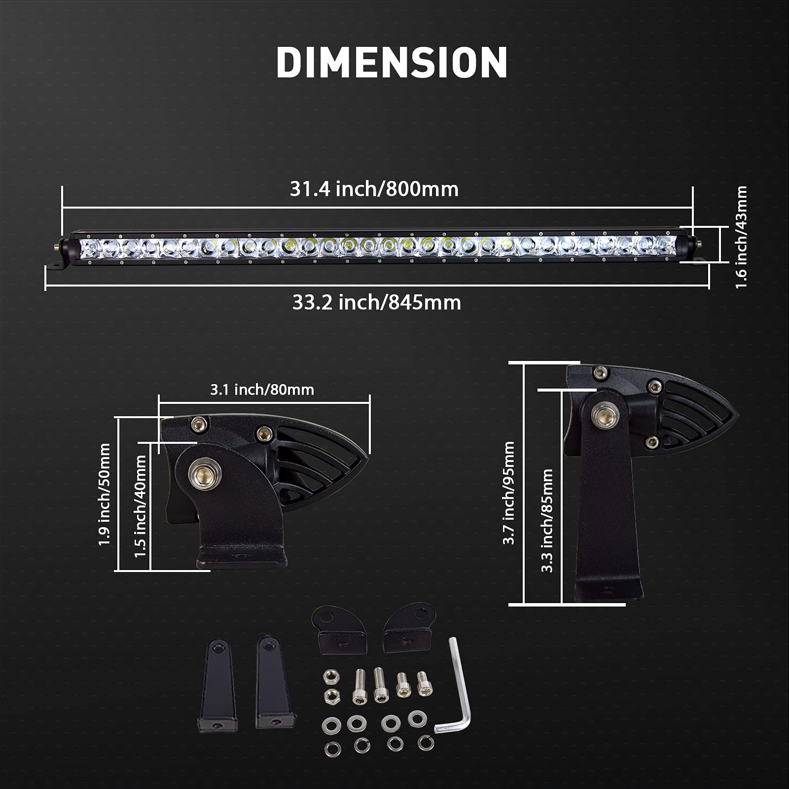 RIGIDON 32-calowa listwa świetlna LED 150 W z zestawem kabli wiązki przewodów 12 V, jednorzędowe, wąskie punktowe światła LED do samochodów terenowych, ciężarówek, SUV-ów, UTE, ATV, 4 x 4, wodoodporne