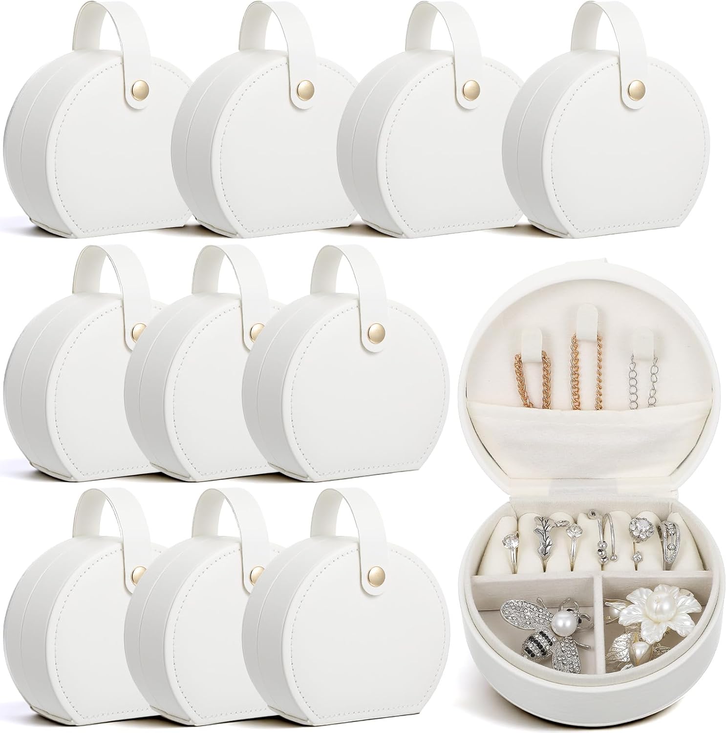 10 Pack Travel Jewelry Case, Half-Moon PU Leather Organizer with Detachable Handle, Multi-Functional Small Earring Storage Box for Women - Ideal Bridesmaid Proposal Gift (White)