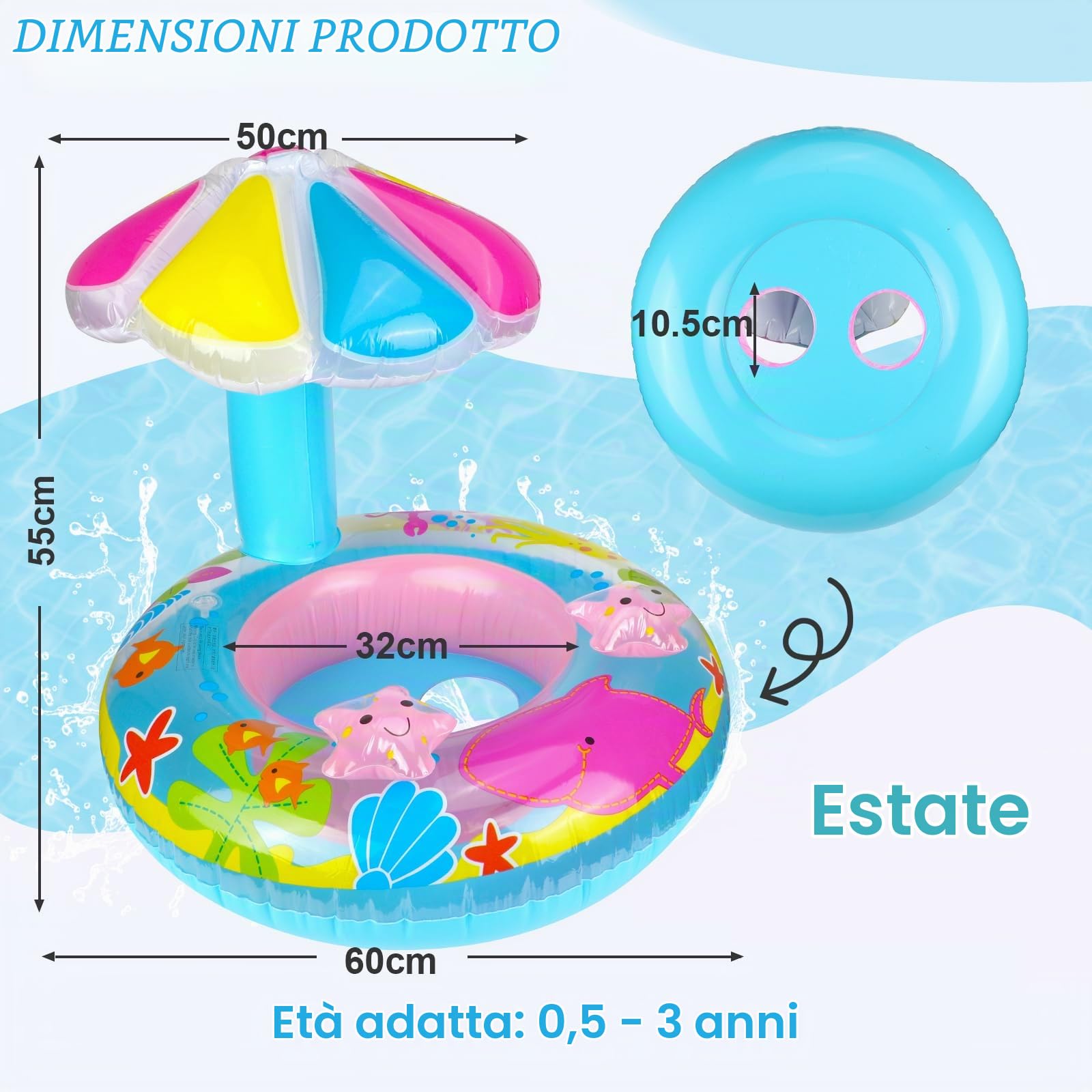 Anello di Nuoto a Forma di Animali Marini,Salvagente Neonato Galleggiante Gonfiabile del Bambino Dell'anello di Nuoto Baby Float Salvagente con Seggiolino Tettuccio Parasole Bambini Piscina Giocattolo