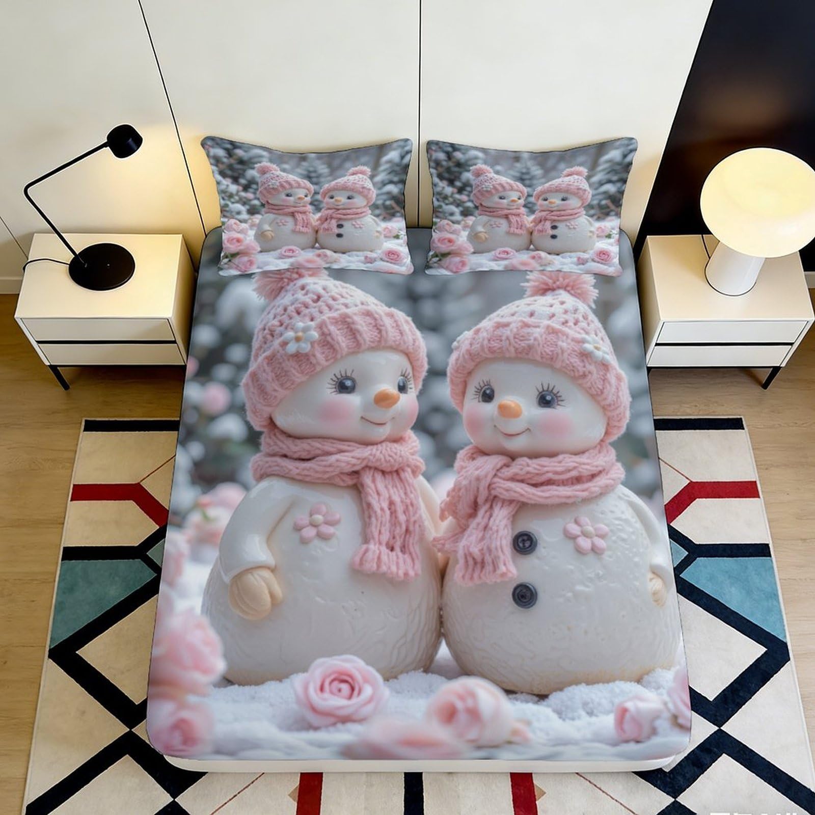 Uxinyoume Style-5 3D Printed Snowman Couple Fitted Sheet Microfiber Pink Winter Cartoon Mattress Cover For Bedroom Guest Room Decor 90X200x25cm