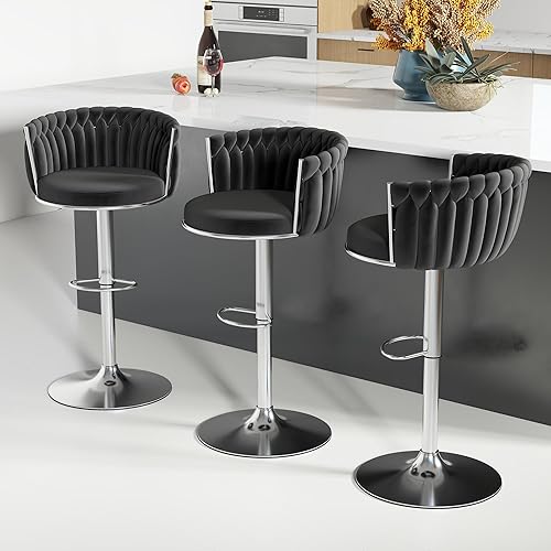 Miniatura 43 de Juego de 2 taburetes de bar dorados ABET, taburetes de bar de terciopelo giratorios, taburetes de altura ajustable con respaldo tejido, taburetes de