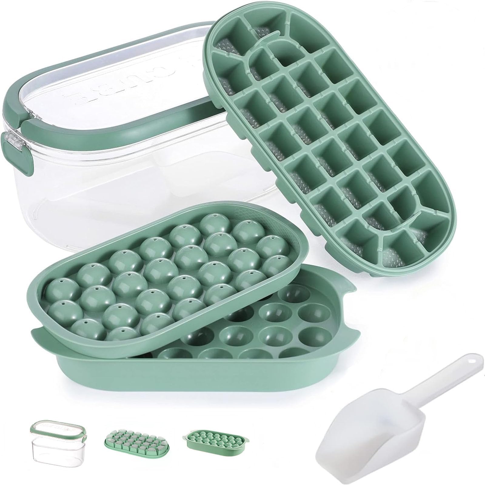 Ice Cube Tray with Lid and Bin, 2 Pack Ice Cubes Trays for Freezer, Easy Release 54Pcs Round Ice Ball & Square Ice Cube Molds with Box, Removable Lid & Ice Scoop for Whiskey, Cocktail