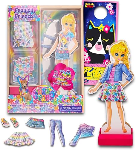 Lisa Frank Juego de actividades de muñecas de papel: 1 muñeca de madera con soporte, 1 caja de almacenamiento con más de 30 piezas magnéticas de