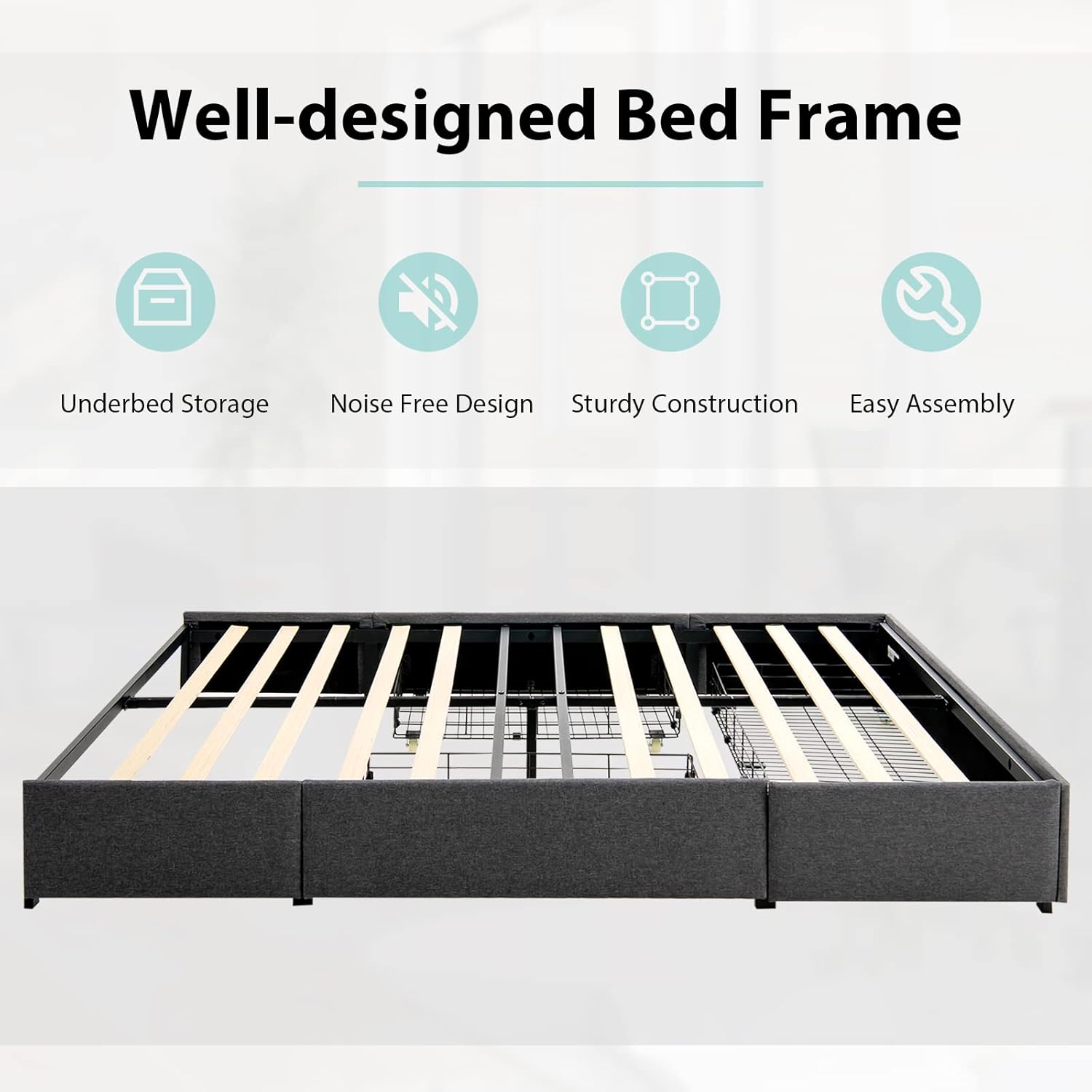 KOMFOTT Full Size Bed Frame with 3 Drawers, Fabric Upholstered Platform Bed, Mattress Foundation with Wooden Slats Support, No Box Spring Needed, Easy Assembly, Grey (Full)