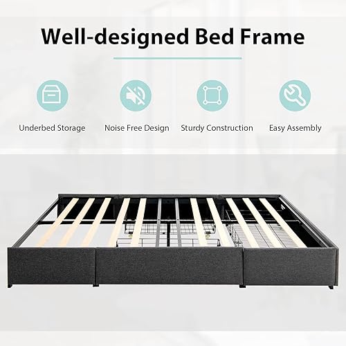 Miniatura 6 de KOMFOTT Base de cama de tamaño matrimonial con 3 cajones, plataforma tapizada de tela, base de colchón con soporte de listones de madera, no