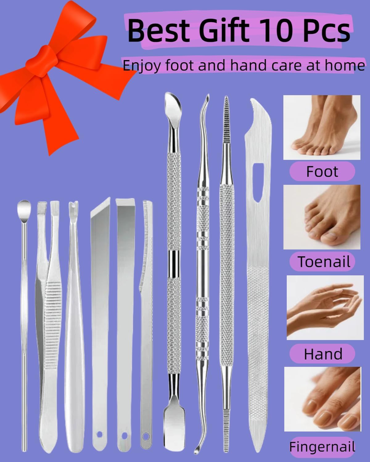 10 Pcs Ingrown Toenail File and Lifters, Ingrown Toenail Removal Kit, Pedicure Tools for Feet with Callus/Dead Skin/Corn Removal, Nail Correction, Polishing & Pain Relief - Stainless Steel with Case