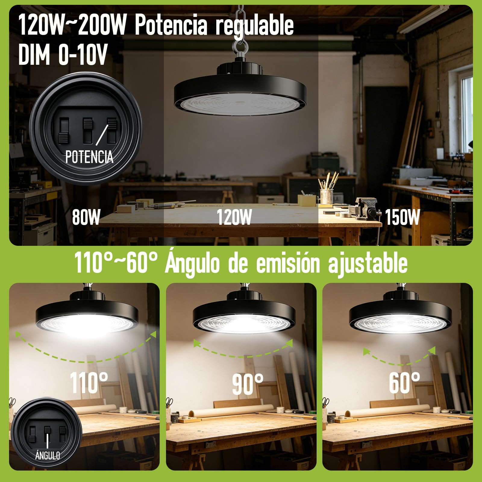 200W UFO LED Lámpara de Alta Bahía 32000LM Campana Led Industrial CCT Regulable 120W/150W/200W Focos Led Interior Techo IP65 Impermeable 60-110º Para AlmacénGaraje Fábrica Taller