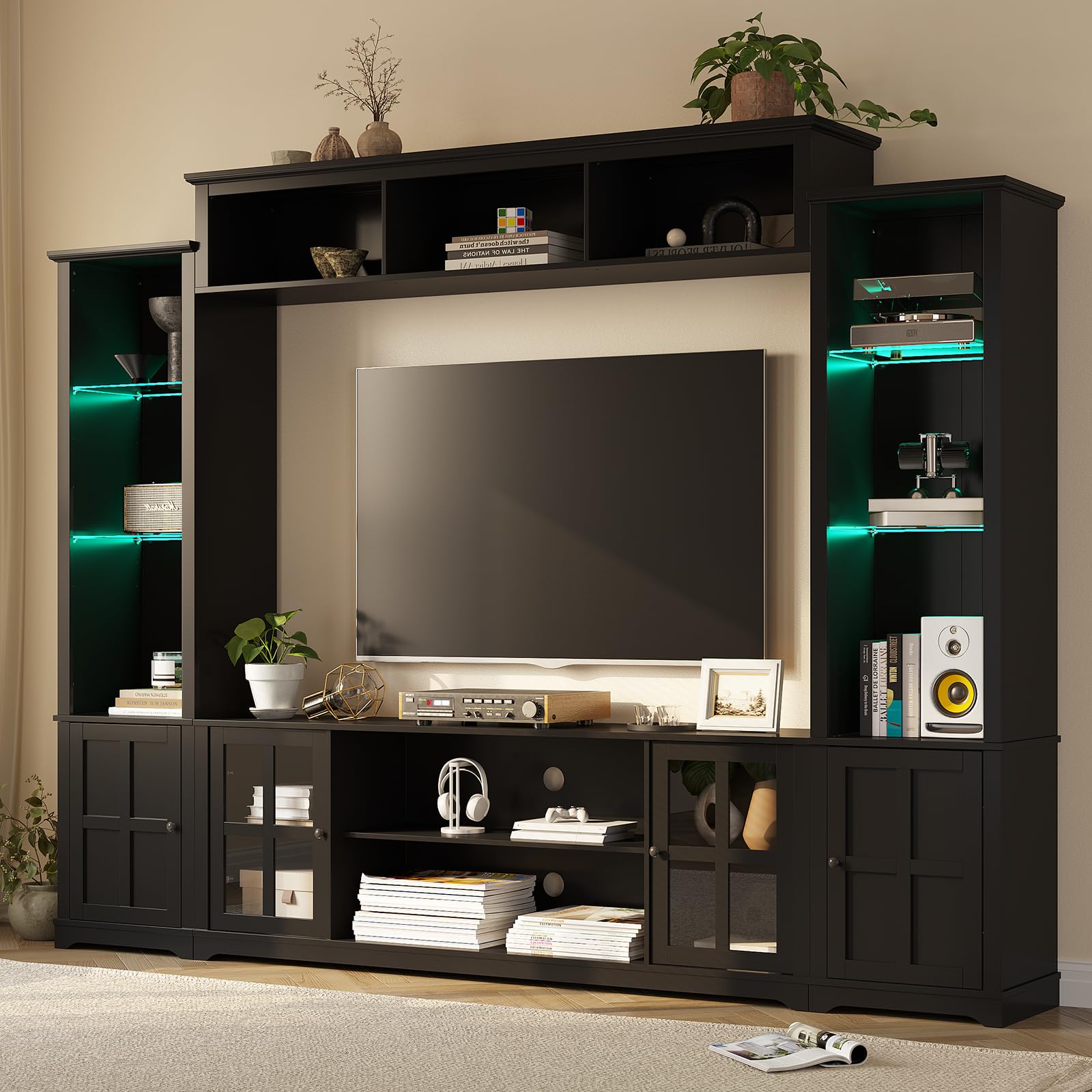 MEISSALIVVE Wall Unit TV Stand with Storage & LED Lights, Large Entertainment Center with Bookshelves for TVs up to 70", Media Console for Living Room, Black