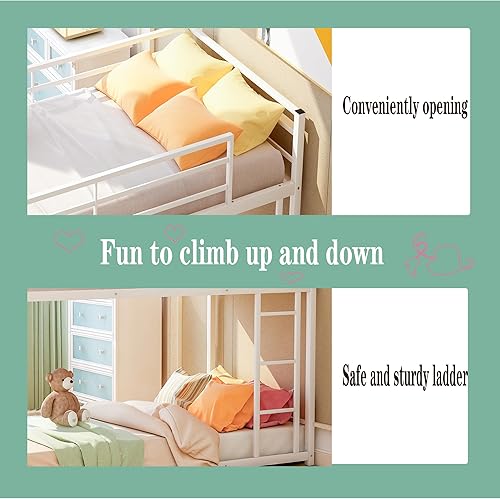 Miniatura 5 de Literas de metal de tamaño individual sobre individual, litera baja de metal para niños, marco de cama resistente con barandilla de seguridad y