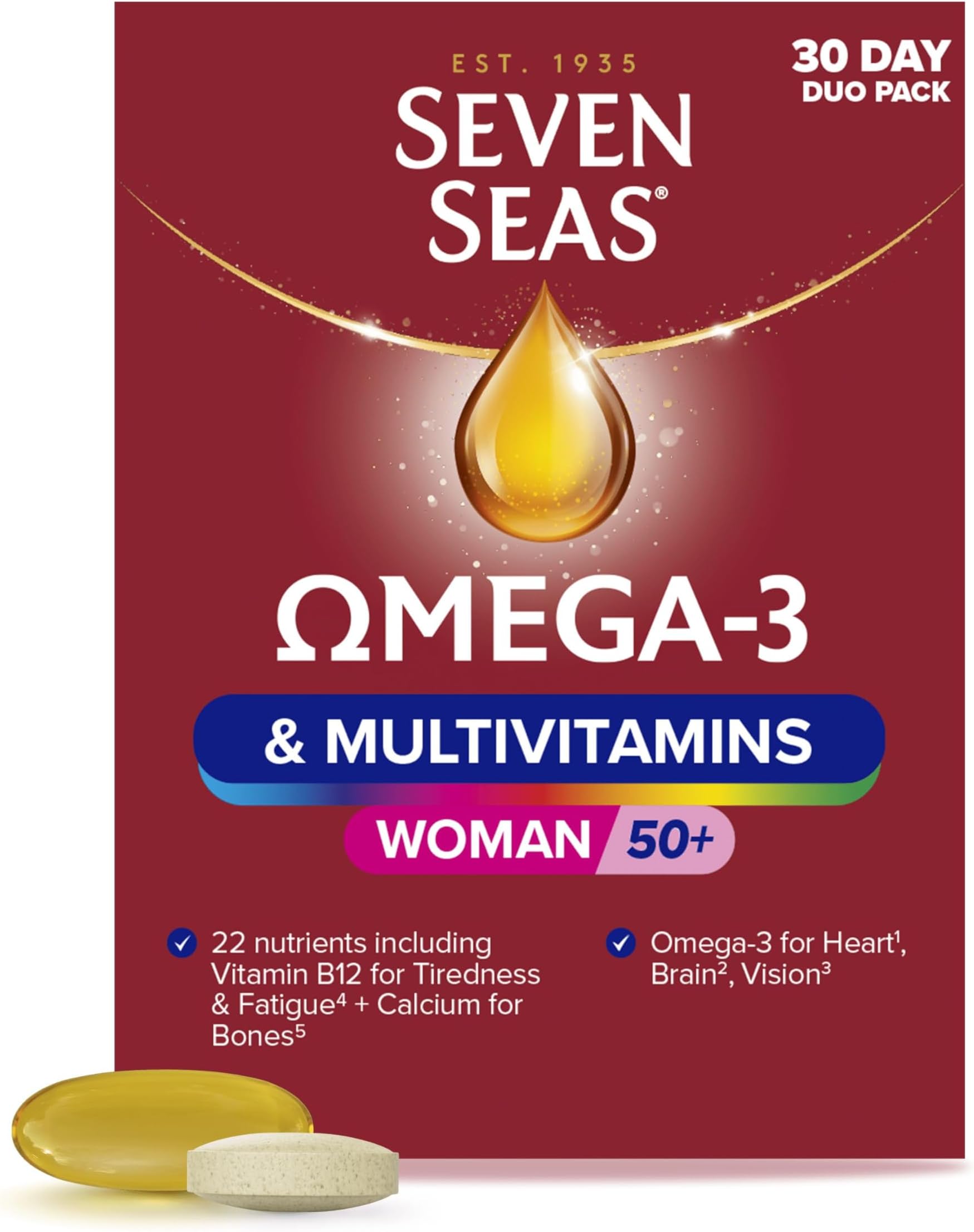 Omega-3 and Multivitamins Woman 50plus, with Vitamin B12 and Calcium, 30-Day Duo Pack, 30 Omega-3 Capsules and 30 Multivitamin Tablets