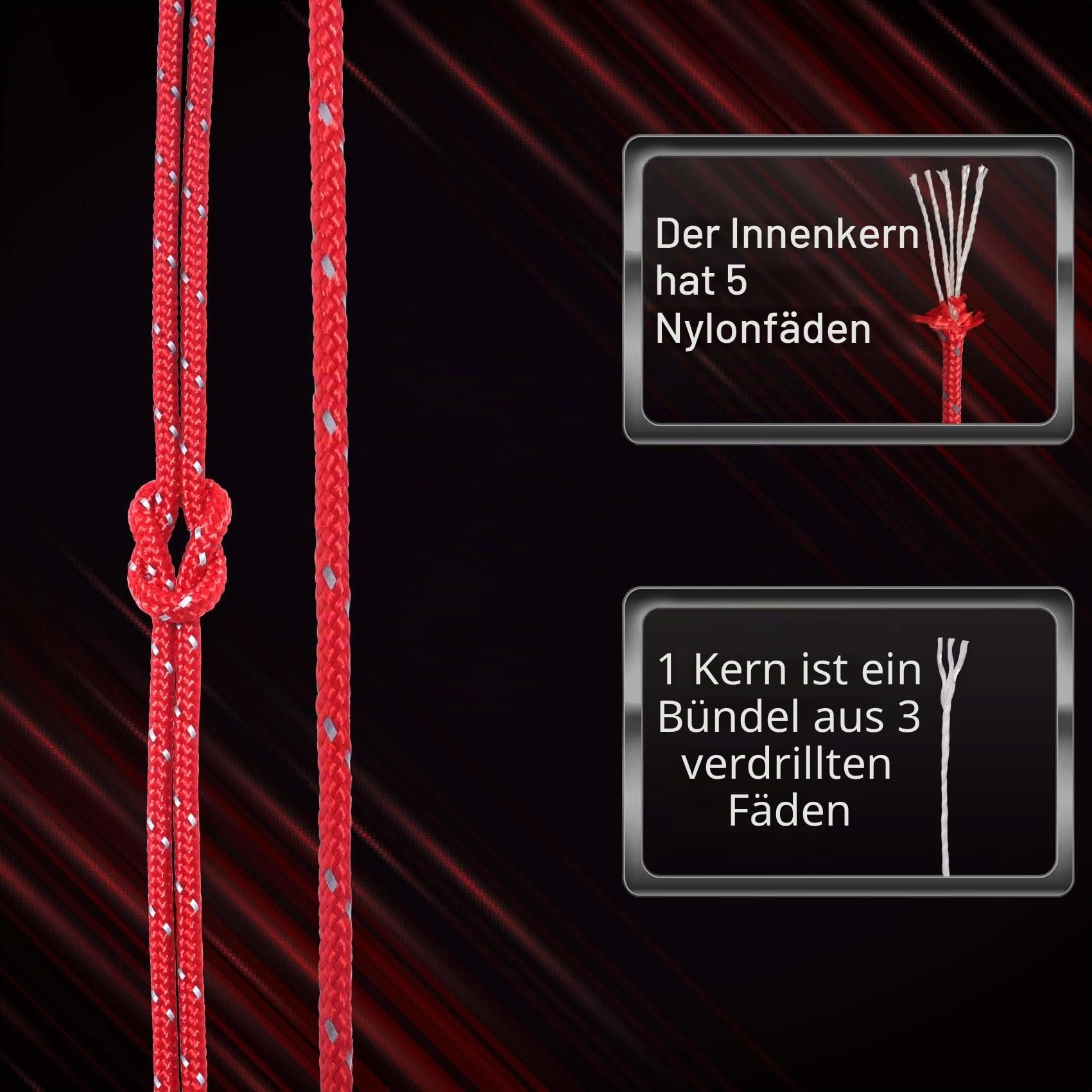 50M reflektierende Schnur Guy Seile Outdoor Zelt Führungsseil 100% Nylon Schnur Windlinie mit 10 Stück Aluminiumlegierung Spanner für Camping (red, Diameter 5 mm)