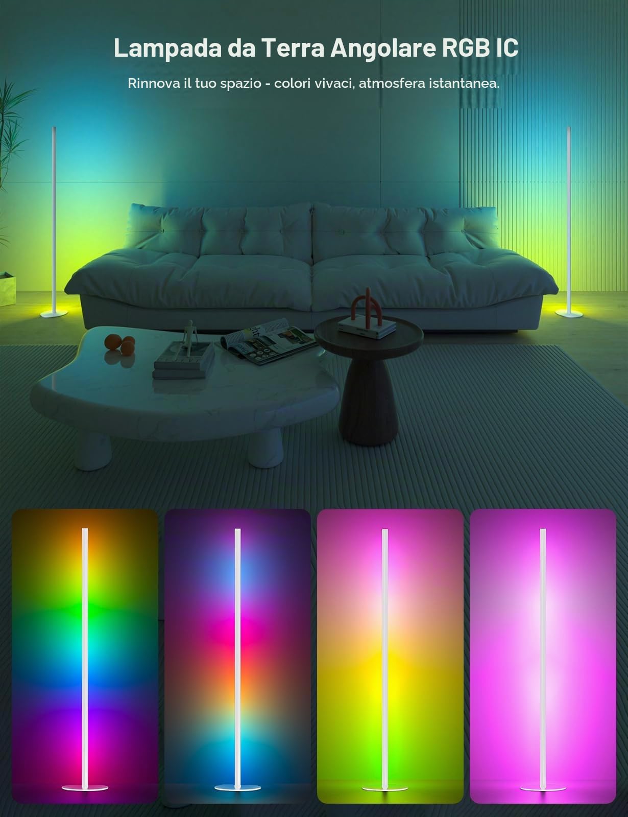 Lampada a stelo a LED per soggiorno, lampada da terra bianca con telecomando, 16 milioni di colori fai da te, luce bianca calda, sincronizzazione musicale, lampada angolare con funzione timer, lampada
