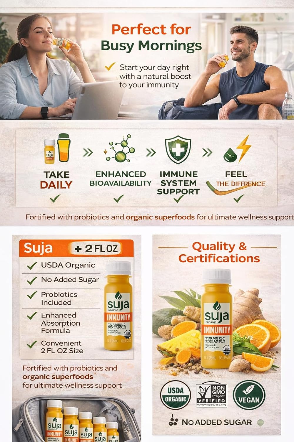 Suja Organic Immunity Wellness Shots - Turmeric Ginger Pineapple with Vitamin C & Probiotics - Immune Support - Vegan Non-GMO No Added Sugar - 2 Fl Oz (Pack of 10)