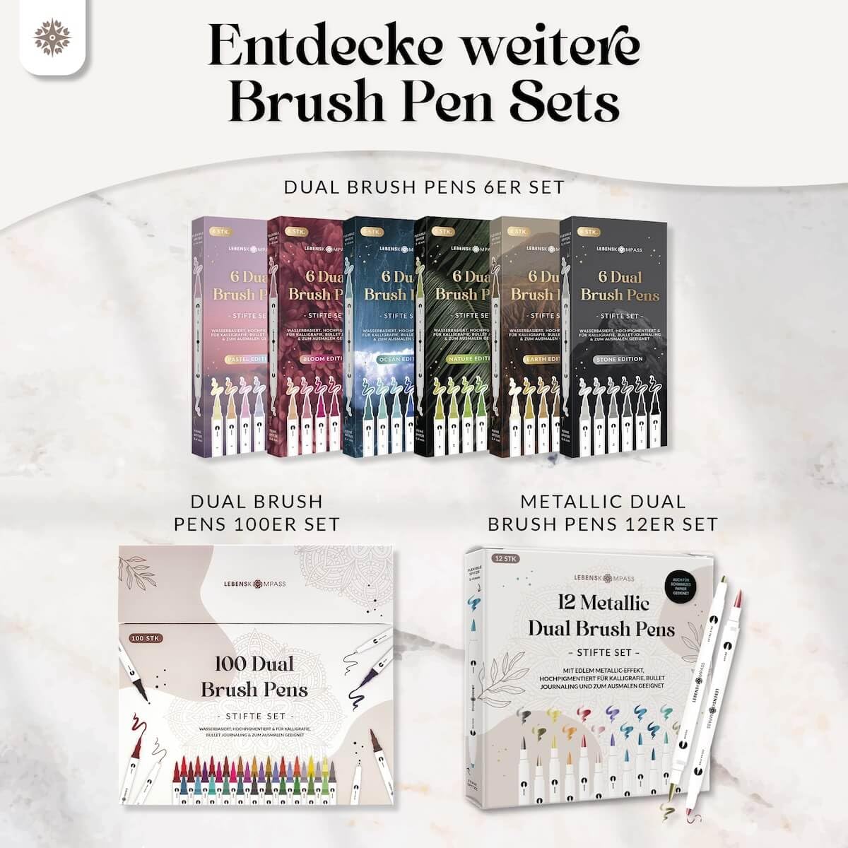 LEBENSKOMPASS Brush Pen Set mit 24 wasserbasierten Dual Brush Pen Stiften - Pinselstifte für: Malbuch für Erwachsene, Handlettering, Kalligraphie & dein Bullet Journal