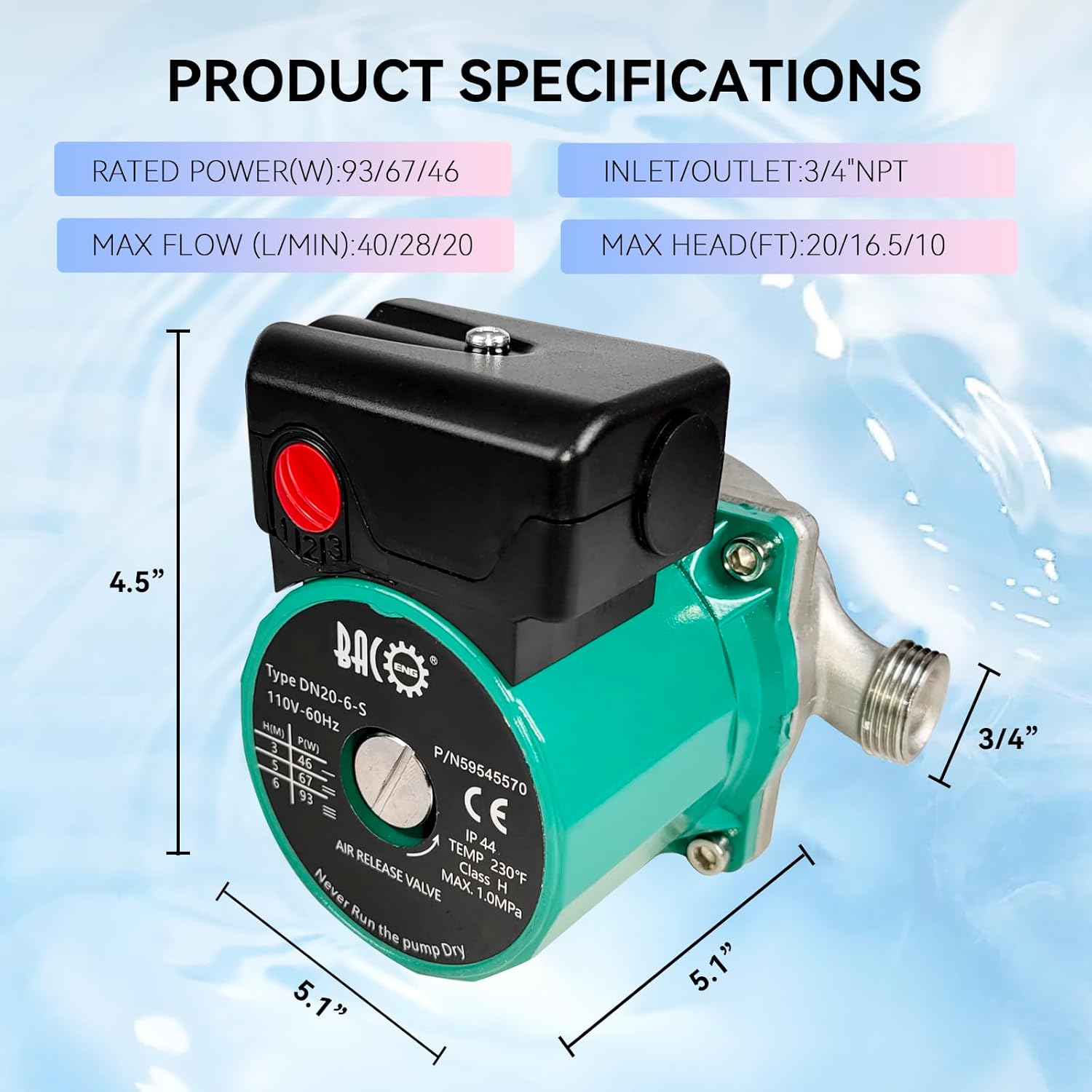 BACOENG Hot Water Recirculating Pump, 3/4" NPT 110V Automatic Circulating Pump for Water Heater Stainless Steel Head For Solar Heater (US Plug)