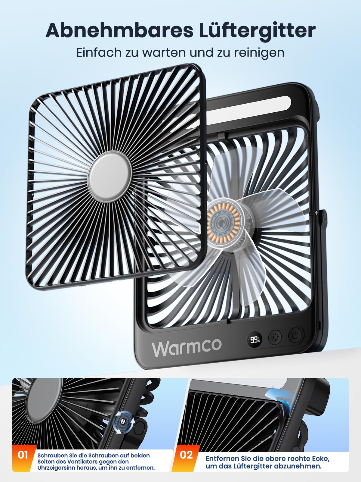 Warmco D4 Akku Camping Ventilator 20000mAh LED-Lampe 48 Std. Laufzeit Leiser Ultraflacher Ventilator Mit Display & Haken