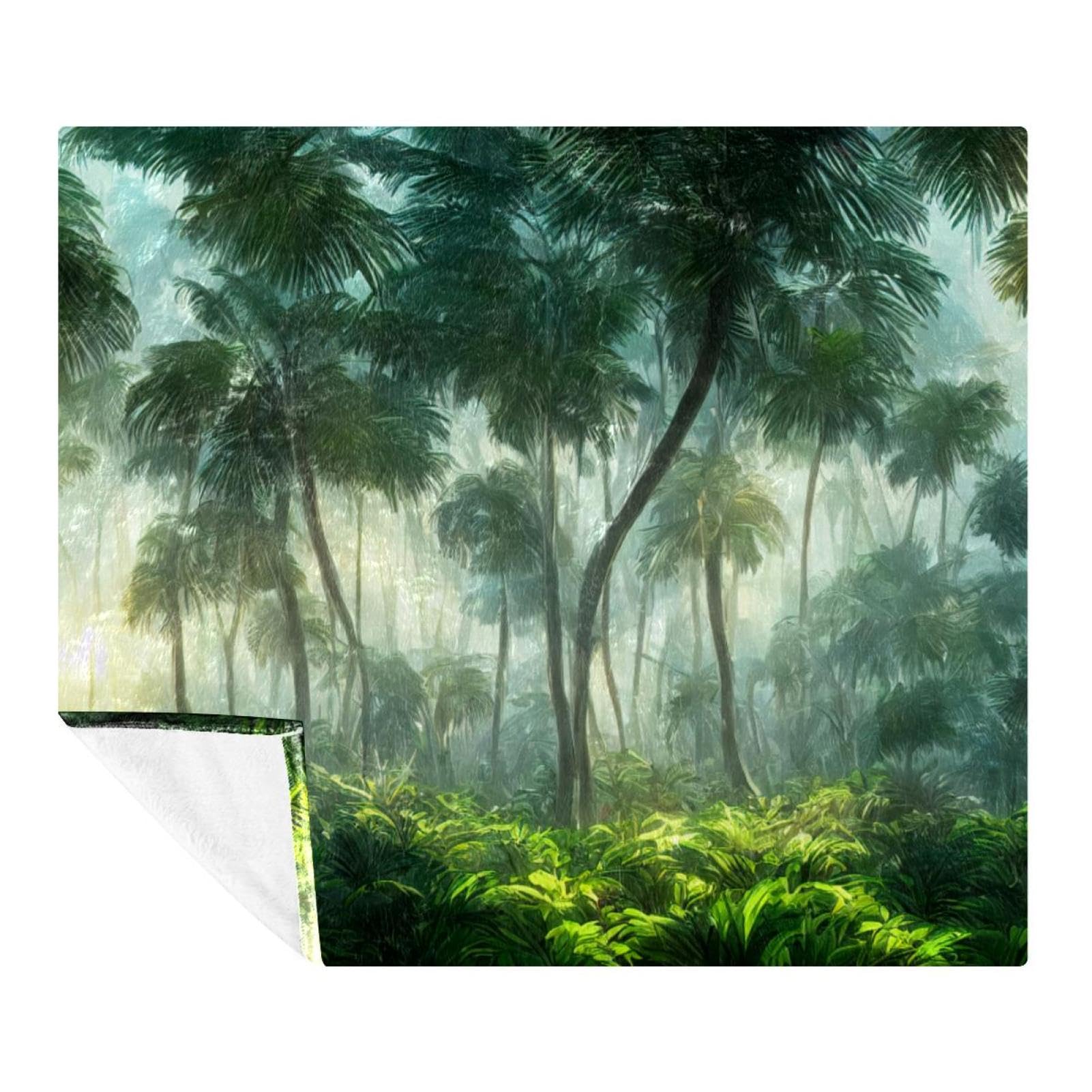 Couverture lit double en flanelle de microfibre douce 150x200 cm plaid vert motif jungle palmier
