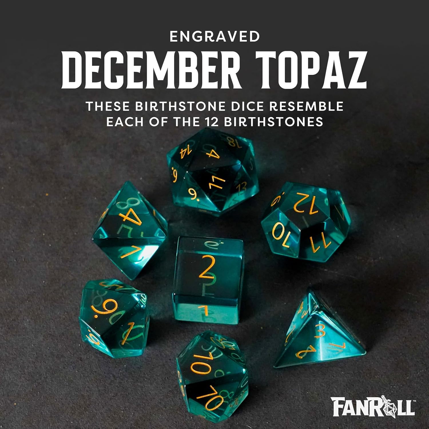 FanRoll 16mm Birthstone Stone Poly DND Dice Set: Engraved December Topaz, Role Playing Game Dice for Dungeons and Dragons