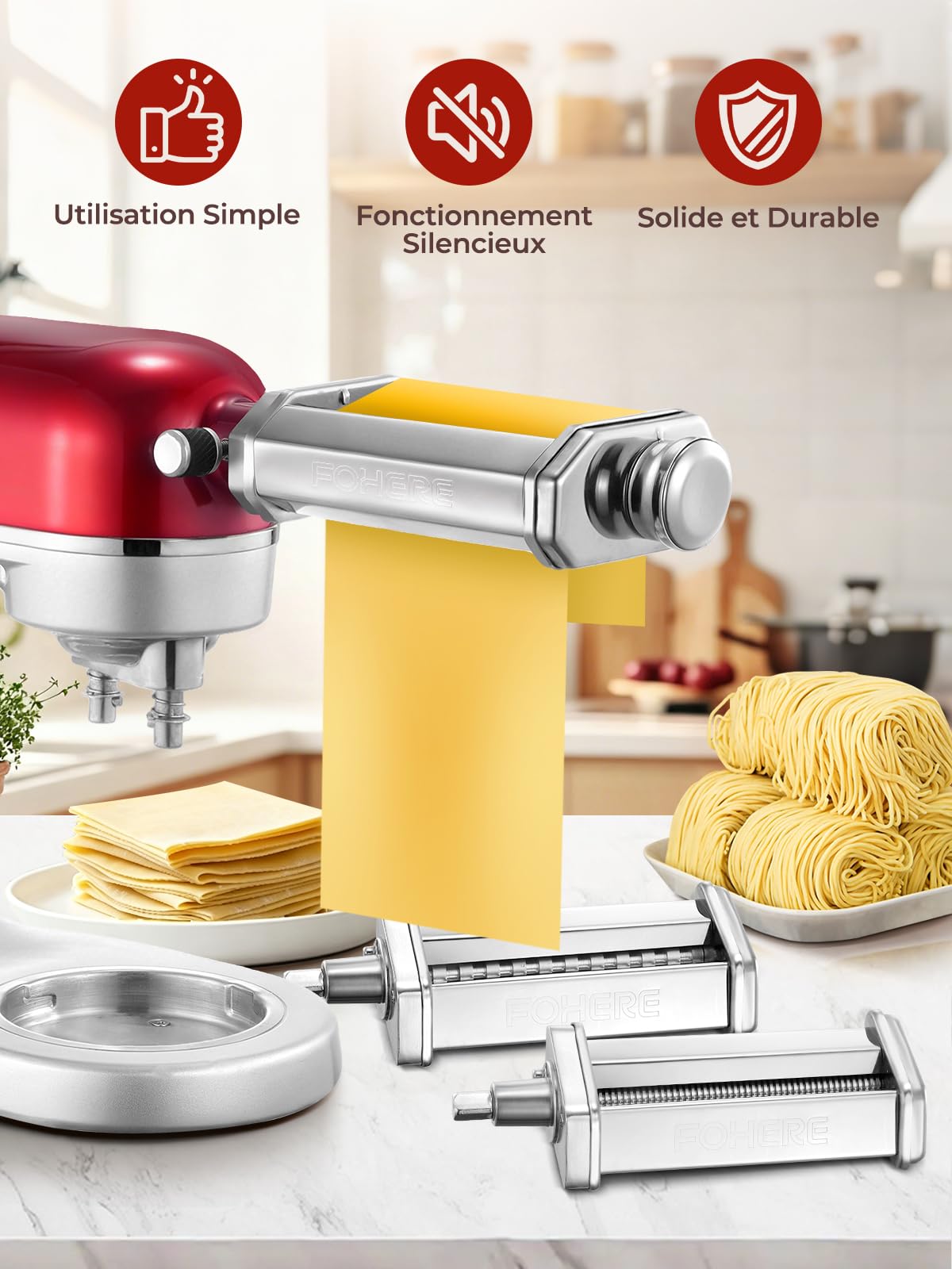 FOHERE Accessoires pour Machine à Pâtes pour KitchenAid Robot Pâtissier, Comprend Rouleau à Pâtes, Coupe-Fettuccines, Coupe-Spaghettis et Brosse à Nettoyage (7 épaisseurs Réglables)