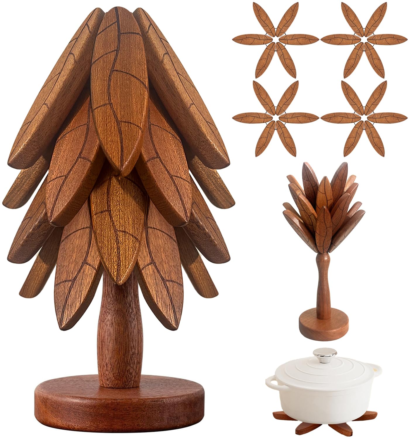 Tree Coasters, Wooden Trivets for Hot Dishes/Pot/Bowl/Teapot/Pans, Tree Shape Trivet Set - 4 Wooden Trivets + 1 Stand Stored, Gifts for Him/Her (Leaf Pattern - 4Pcs)