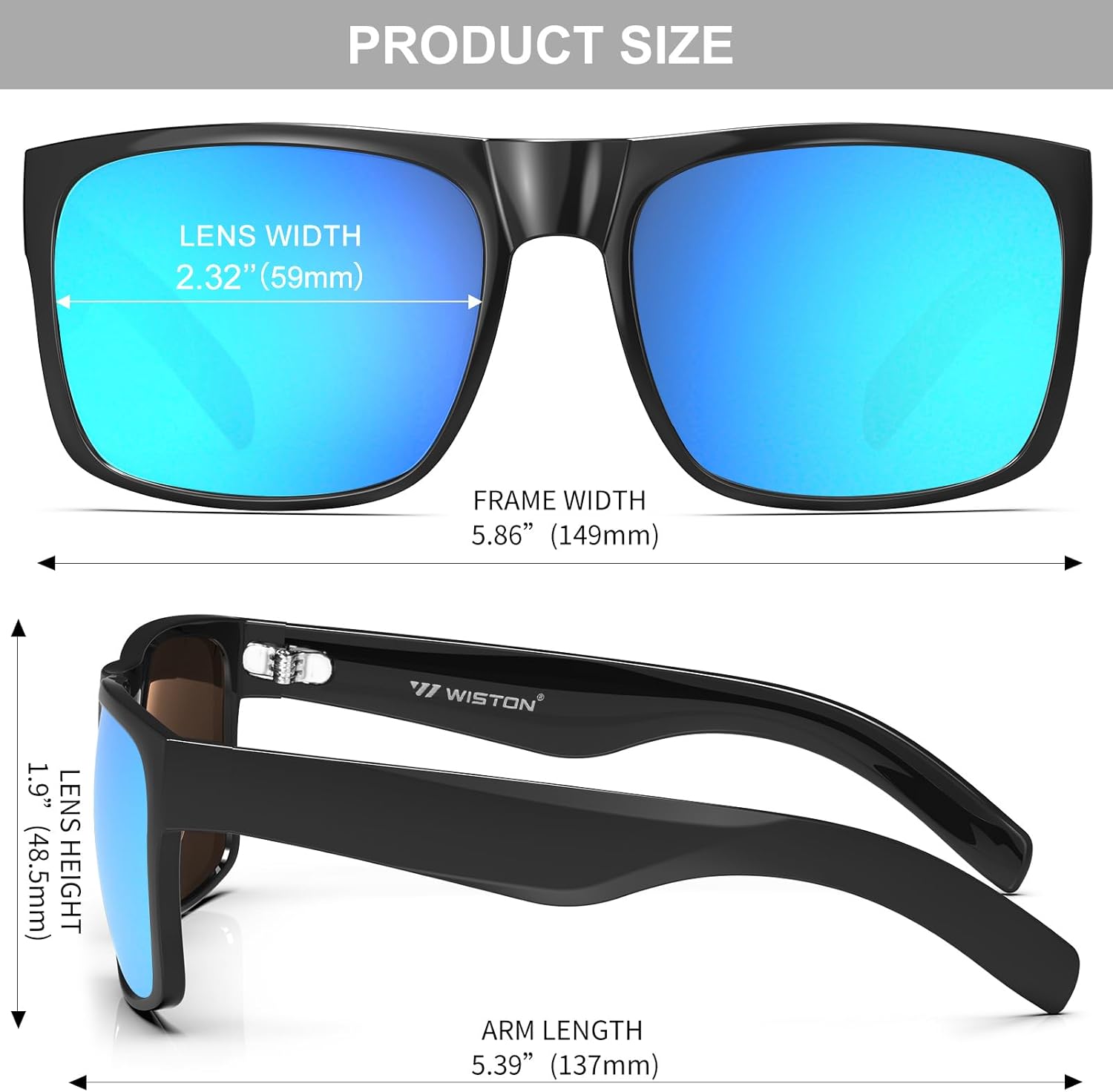 WISTON XL Big Wide Head Mens Dark Black Sunglasses for Men Extra Large Square Sun Glasses 149mm W8004 - Image 7