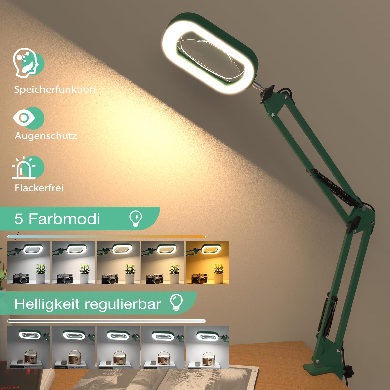 Lupa 10X con luz y abrazadera, cristal auténtico soporte de iluminación, 5 modos de color y regulable sin niveles, lámpara de escritorio LED manos libres para manualidades, aficiones, lectura, pintura