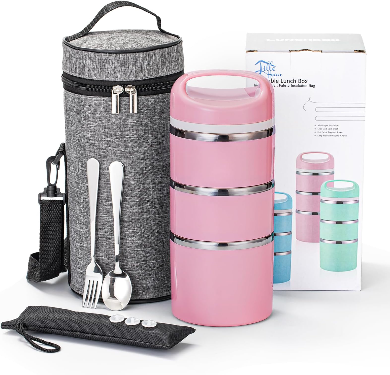 1380ml Stackable Stainless Steel Thermal Compartment Lunch Box, 3-Tier Insulated Bento/Food Container with Upgraded Lunch Bag and Silicone Seals