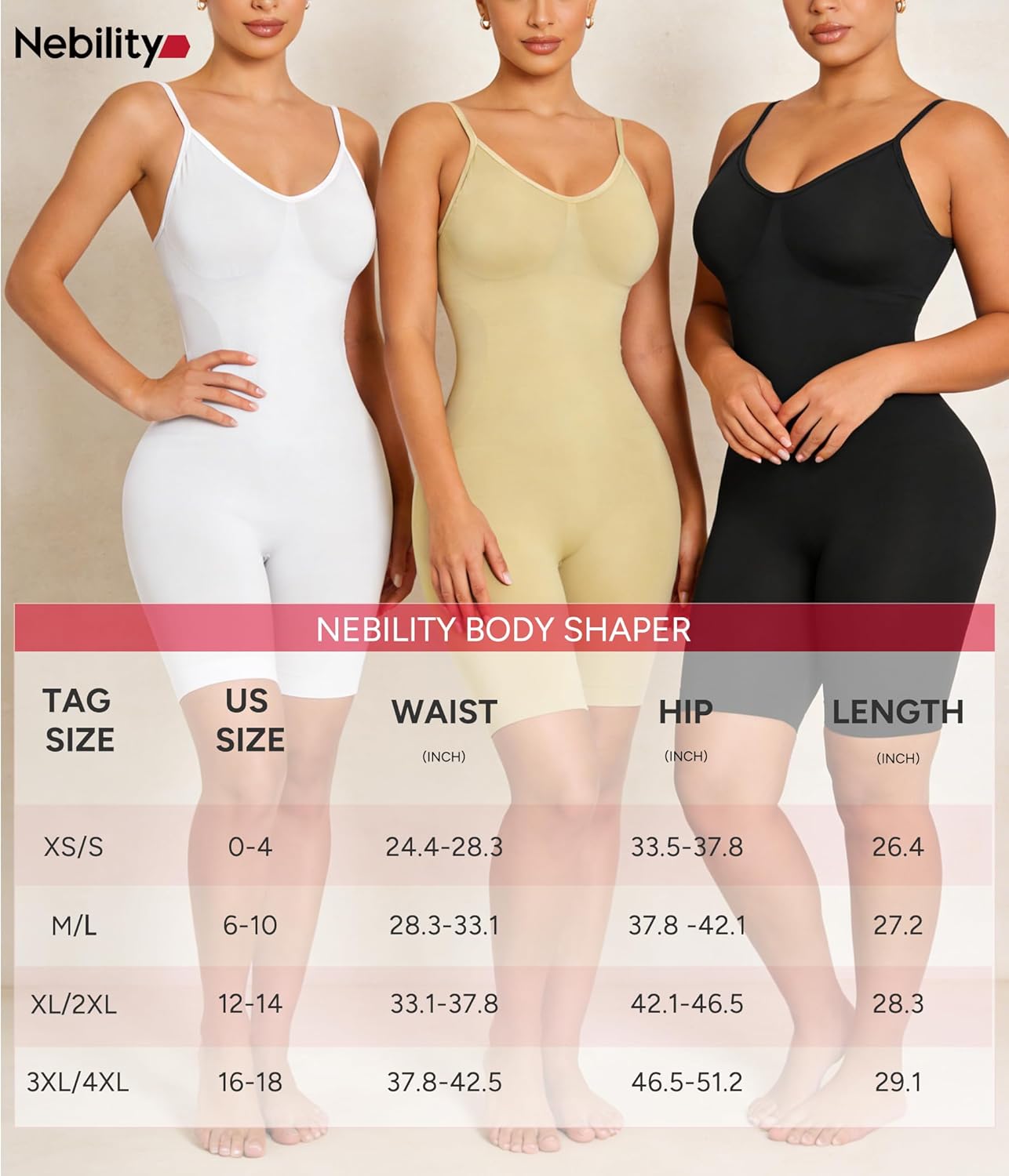 Nebility Women's Shapewear Bodysuit Tummy Control Body Suit Built in Bra Tank Camisole Seamless Mid Thigh Body Shaper - Image 6
