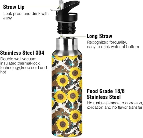 Miniatura 3 de Yellow Sunflowers Rustic Cow Print Stainless Steel Water Bottle 20 Oz Leakproof Water Bottles, BPA-Free Sport Water Bottle Insulated