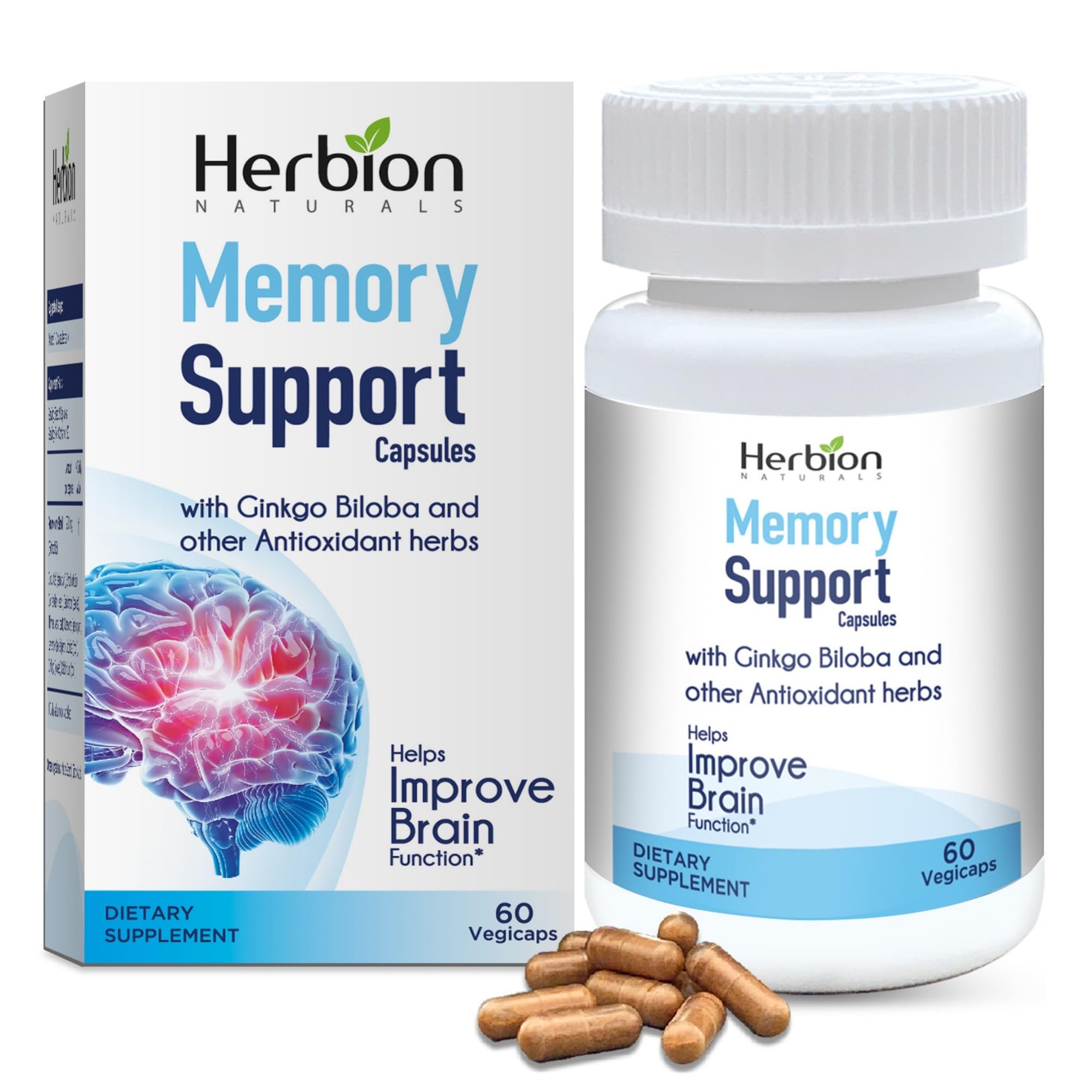 HERBION Naturals Memory Support Capsules, Helps Improve Brain Function & Absent Mindedness, Maintains Healthy Mood Levels with Ginkgo Biloba, for Adults, 60 Count, Pack of 1