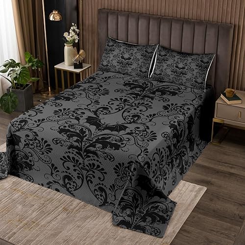 Juego de colcha de damasco negro para adultos, juego de edredón barroco victoriano antiguo, juego de colcha exótica vintage floral gótica con