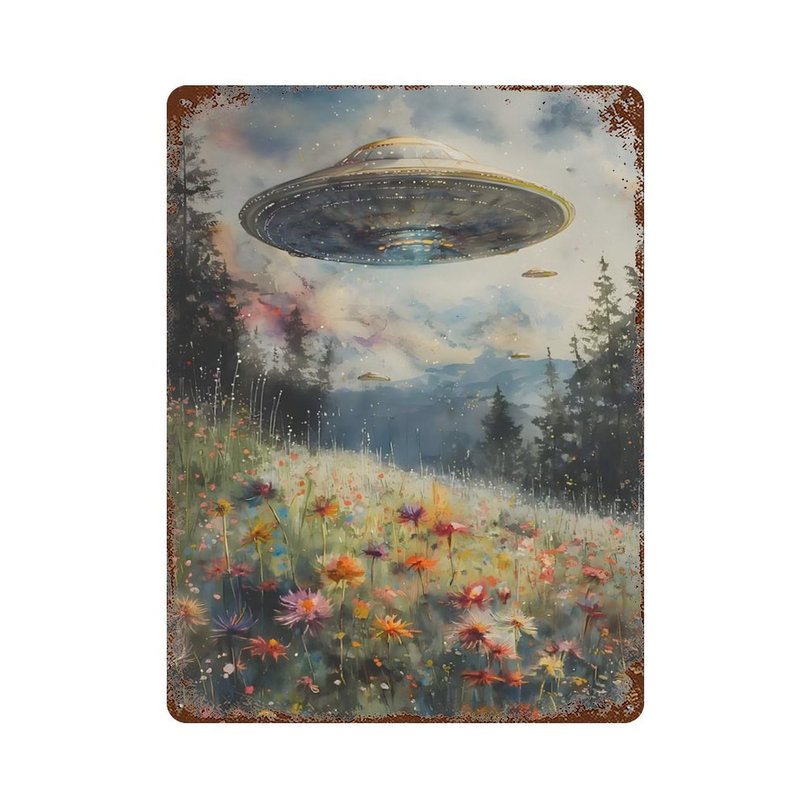 UFO Over Flower Field Decorative Tin Sign 15.7"x11.8", for Bistro, Counter And Cafe Decor, Retro Wall Decor