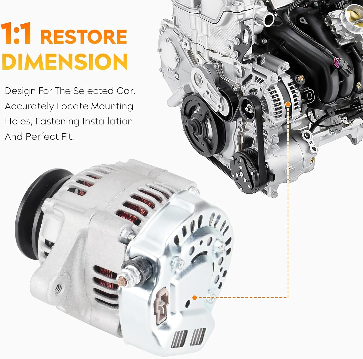 Alternator next to an engine diagram showing mounting points