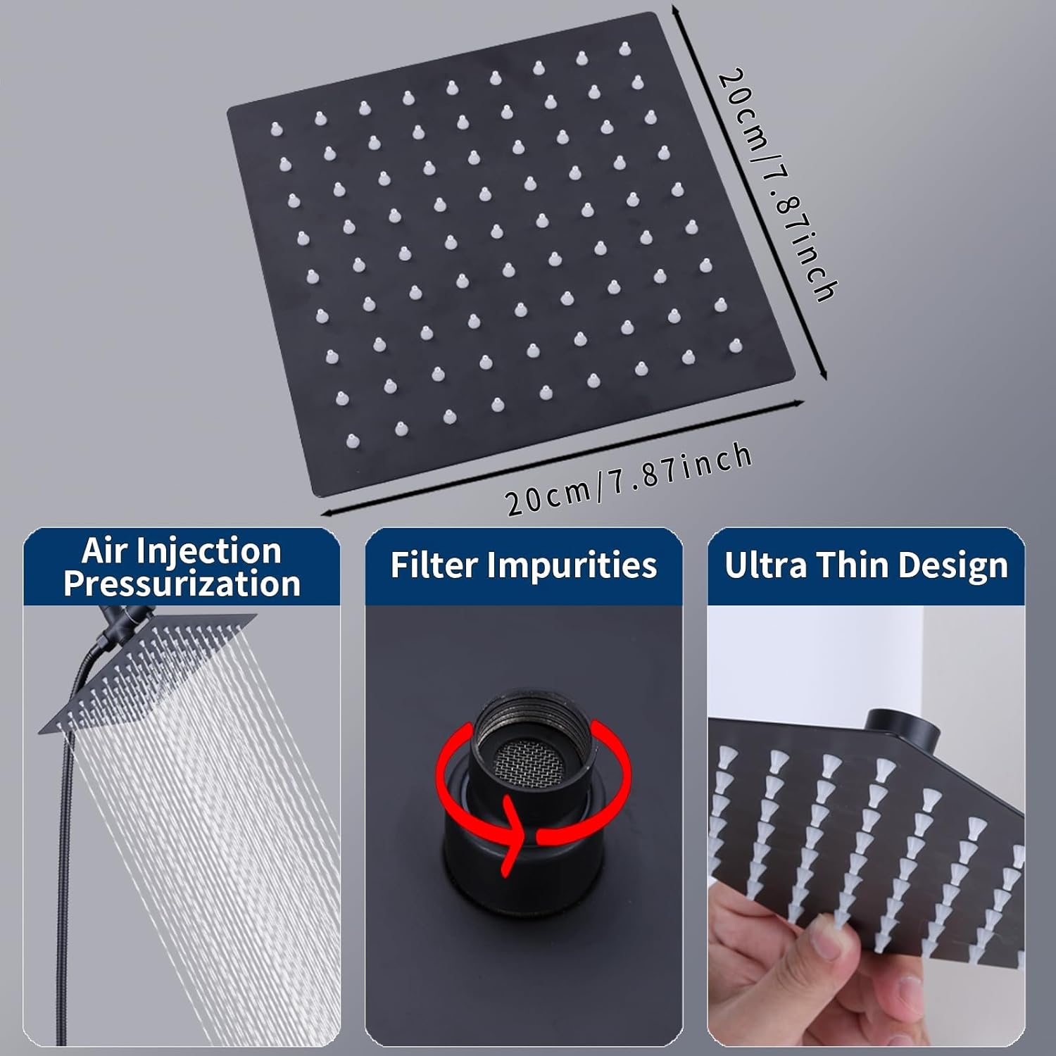 Rainfall Shower Head with Handheld Combo High Pressure, Dual Shower Head 8 Inch Square with Long Hose, Rain Showerhead with Handheld Sprayer(black)