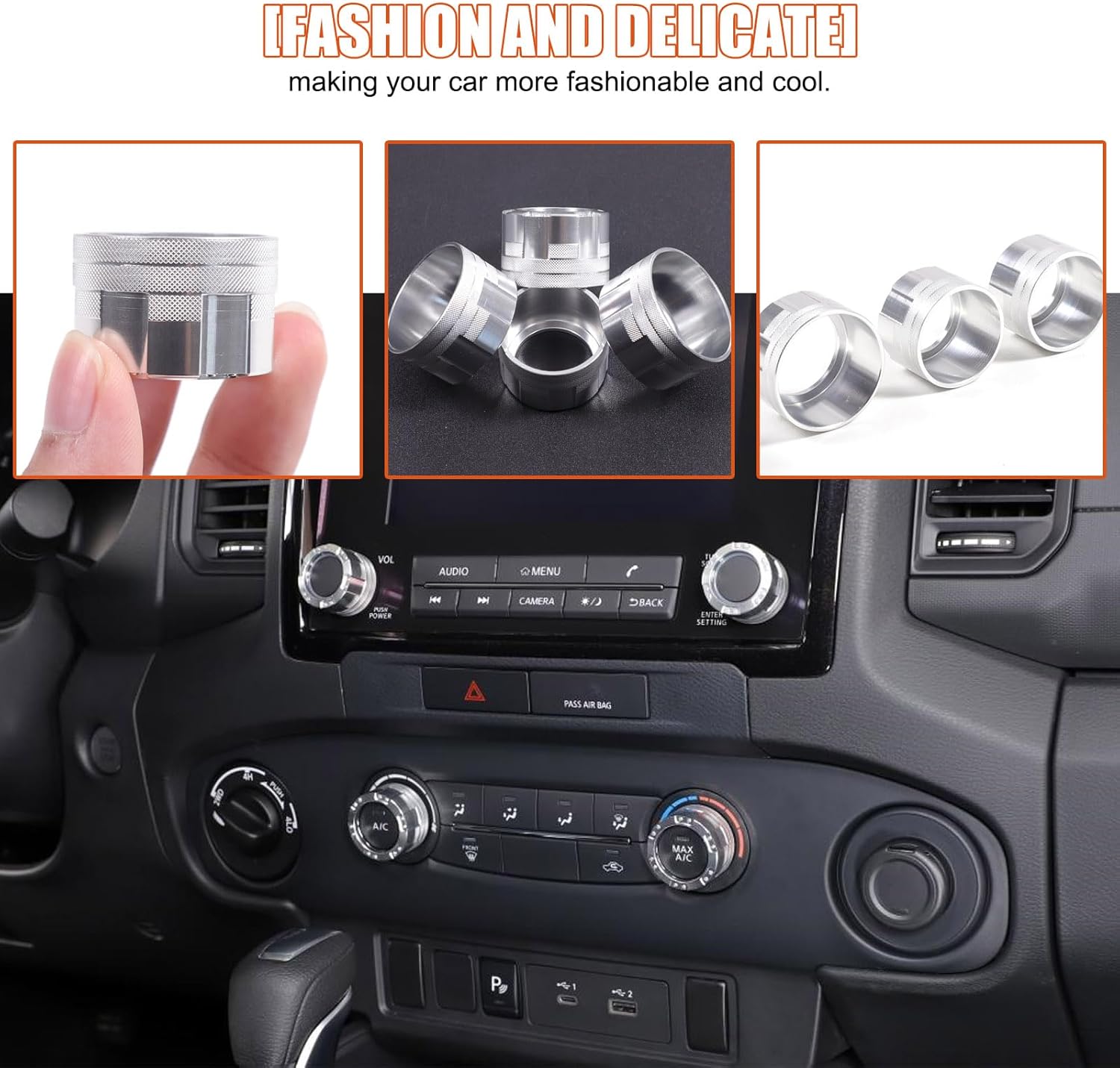 4PCS Air Conditioner Switch Knob Cover Compatible with Nisan Frontier 2022-2024,Aluminum Alloy Mecha Style Air Conditioner Stereo Volume Switch Knob Ring Covers Car Interior Accessories (Silver)