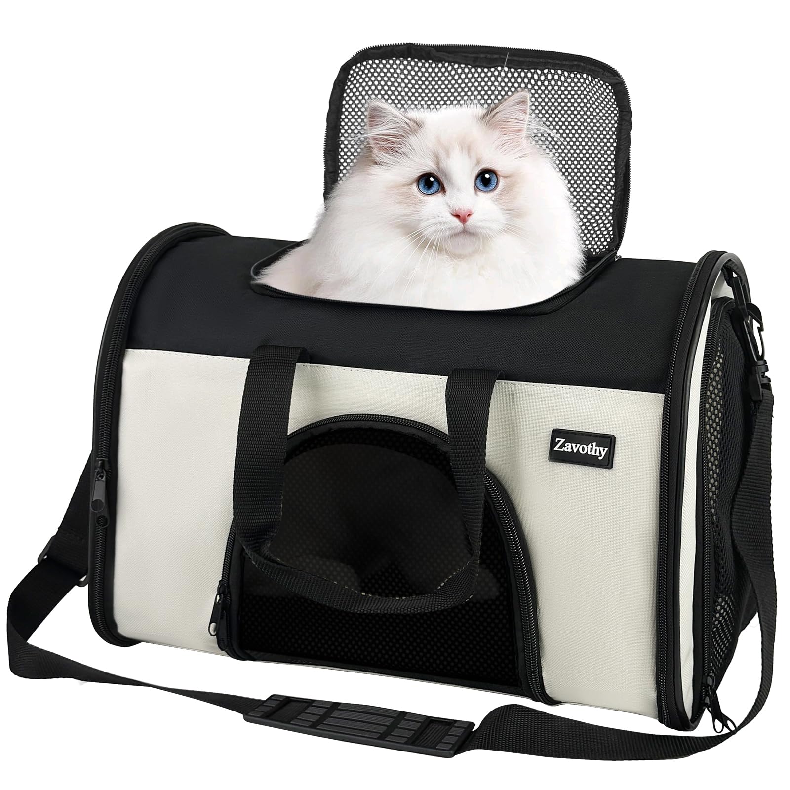 Zavothy TSA Airline Approved Soft-Sided Pet Carrier for Small to Medium Cats and Puppies, Up to 15 Lbs – Collapsible Travel Carrier for Dogs & Cats, White