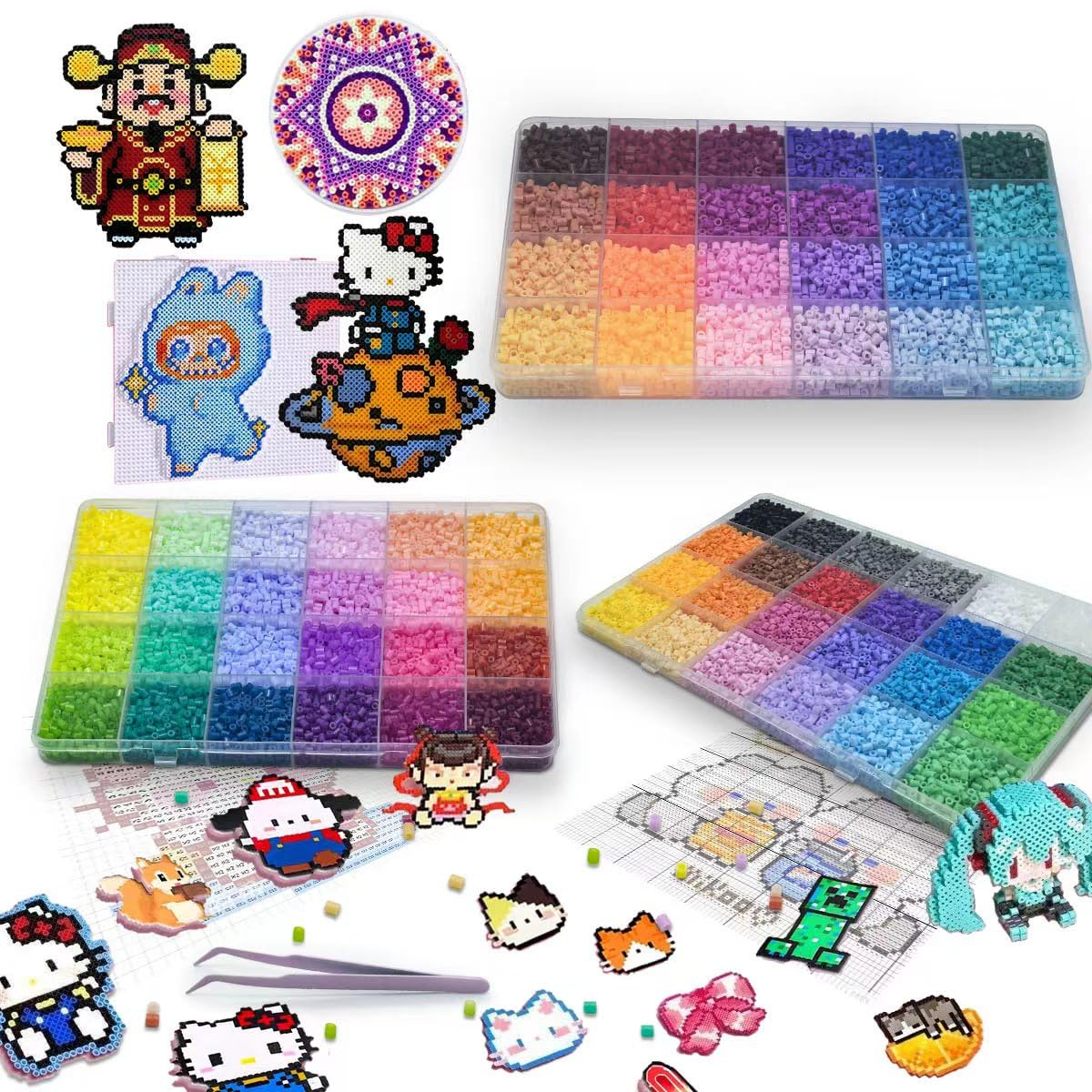 29000 Piezas Cuentas para Planchar 2.6mm, 72 Colores 70 Patrones, Kit Manualidades Hama Beads Mini para Niñas Niños Adultos, Set Completo con Papel de Planchar y Plantillas, Regalo Cumpleaños