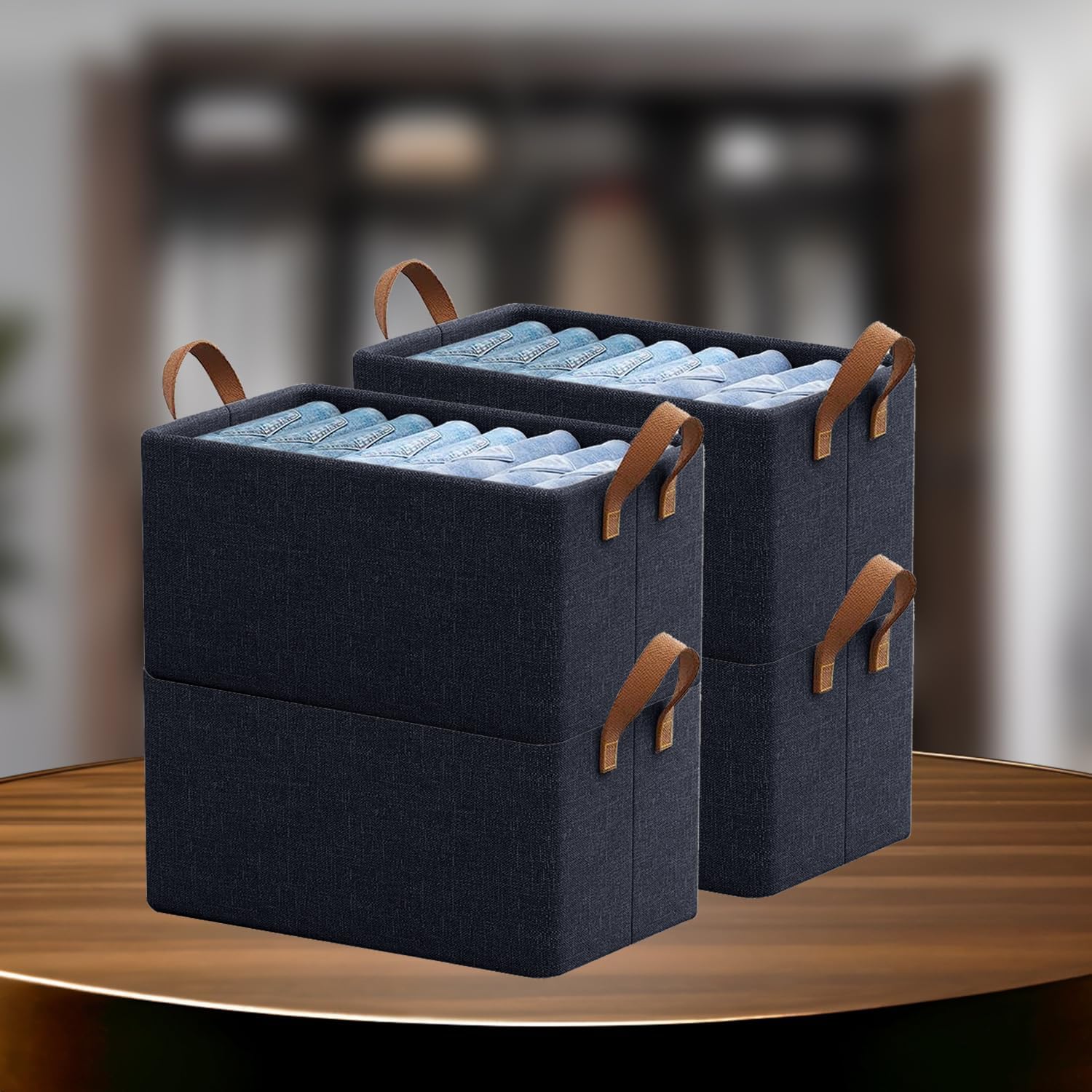CANWAY 26 Liters - 4 Piece Foldable Wardrobe Cloth Organizer with Handles, Stuff Storage Box Closet Drawer Organizers for Clothes, Toys, Books, Blanket etc. (Navy Blue), Polystyrene
